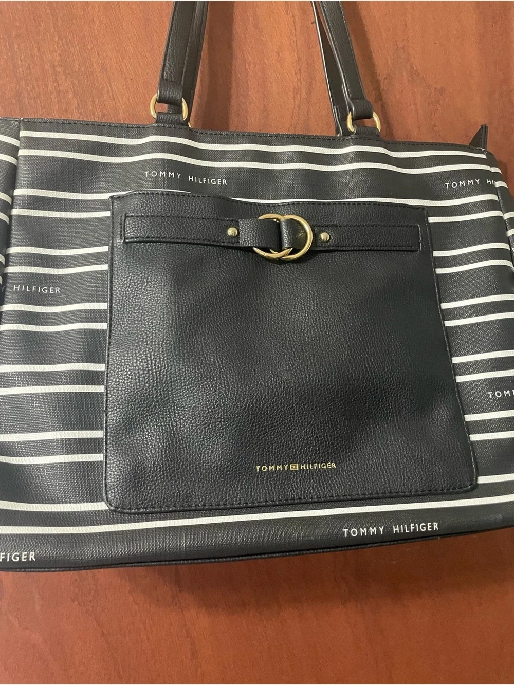 Tommy Hilfiger Black and White Striped Tote with Front Pocket